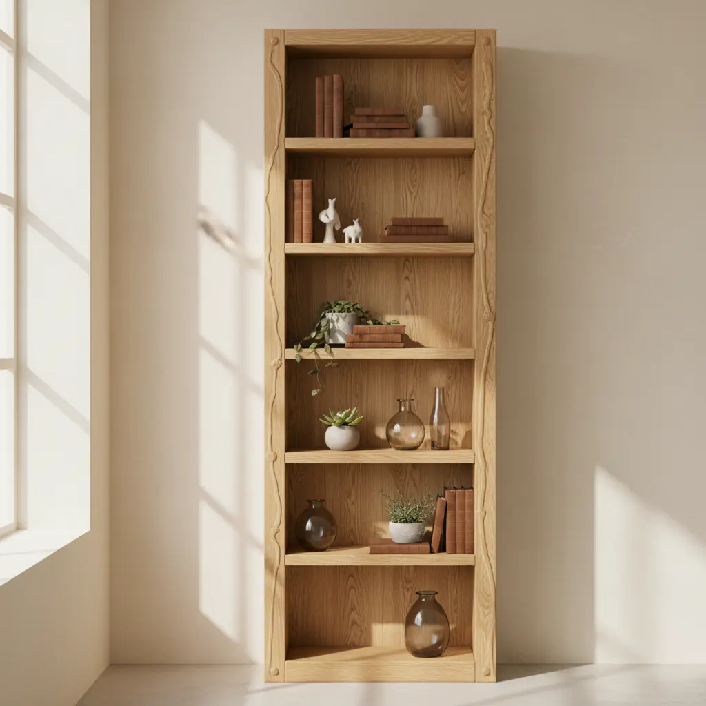Tall narrow wooden bookcase with adjustable shelving