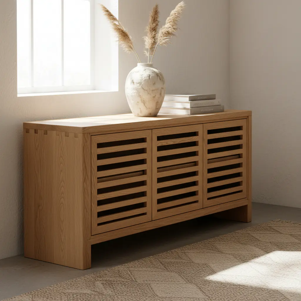 Long wooden console table with slatted doors