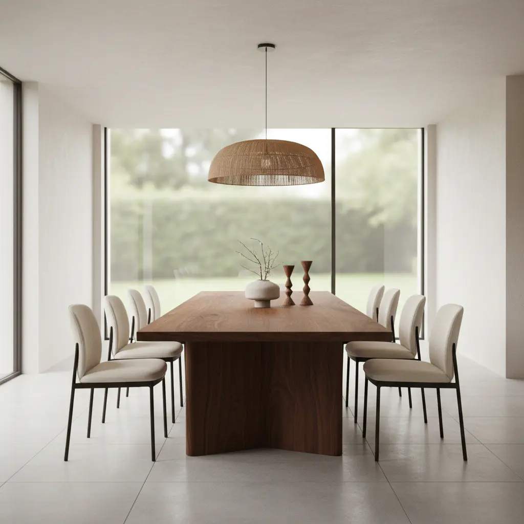 Large solid walnut dining table in a minimalist dining room