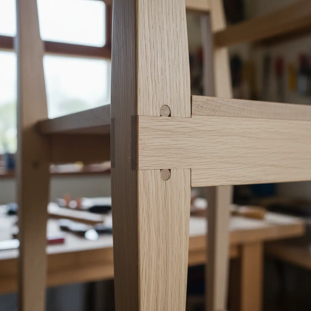 Detailed view of a mortise and tenon joint on a wooden chair