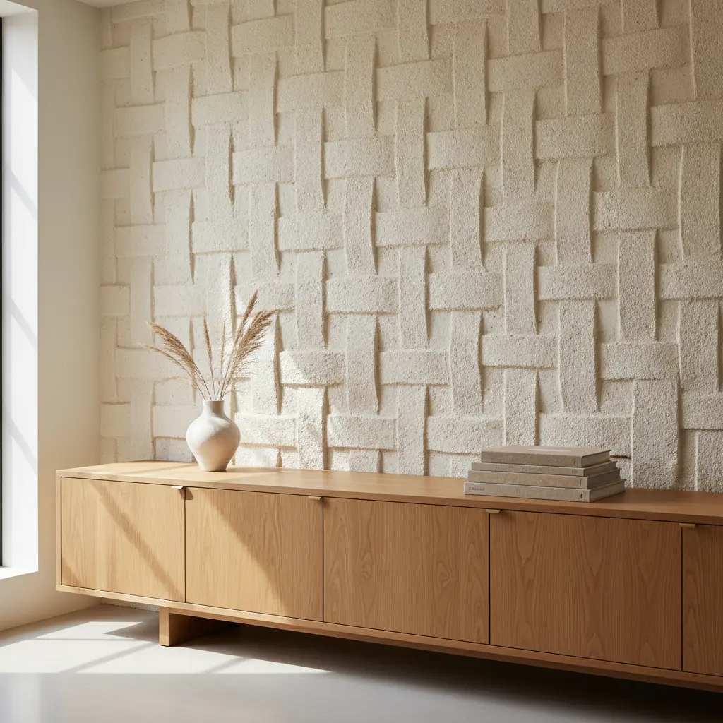 A sleek low-profile credenza against a textured wall