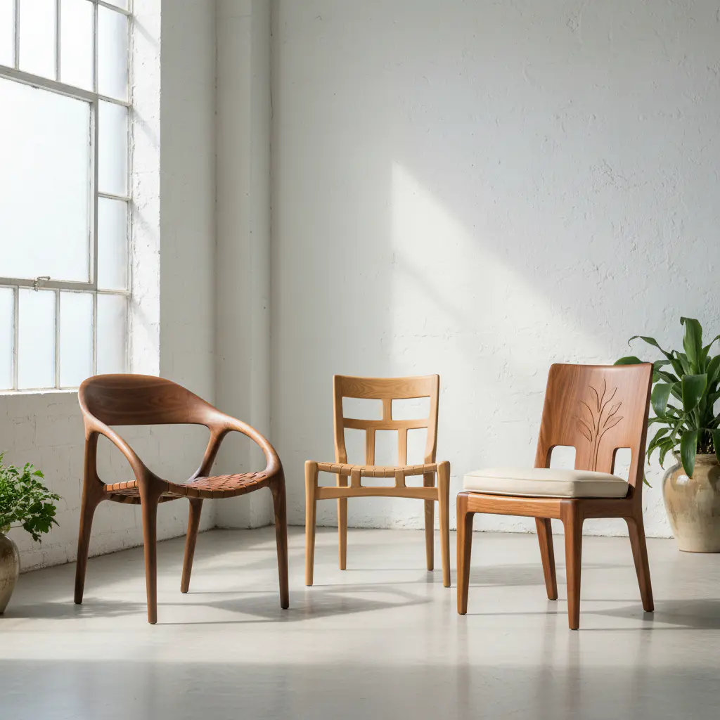 Three artisan wooden chairs arranged gracefully in a well-lit studio