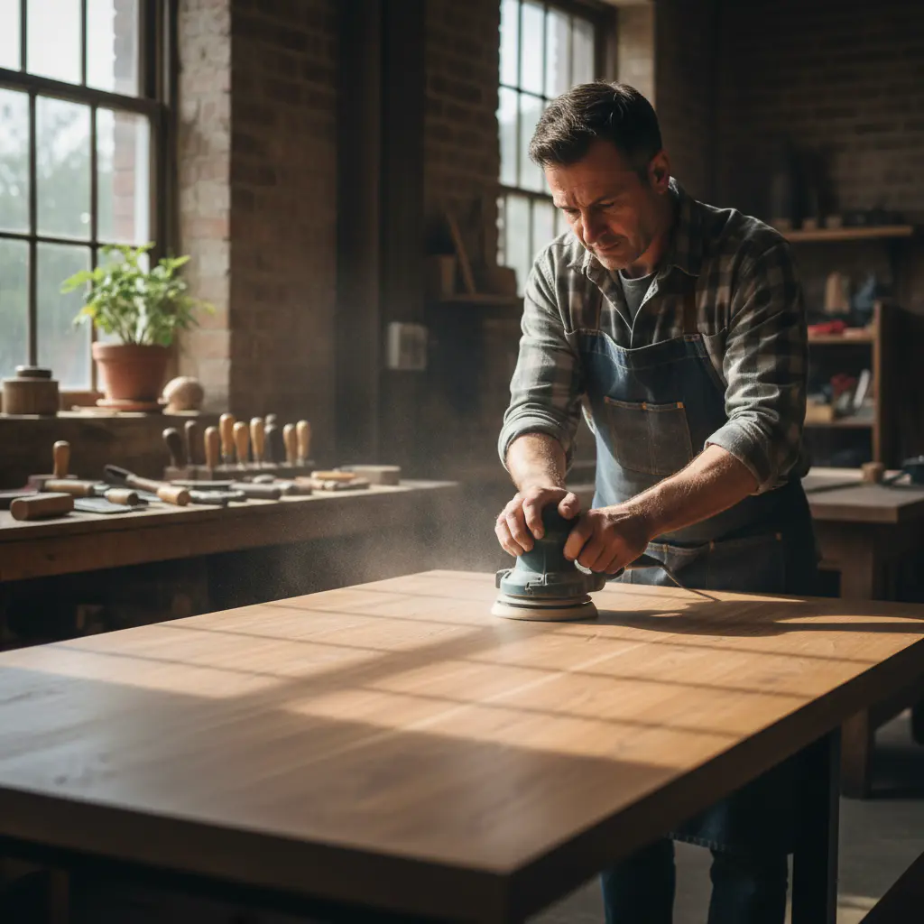 Artisan sanding a wooden table