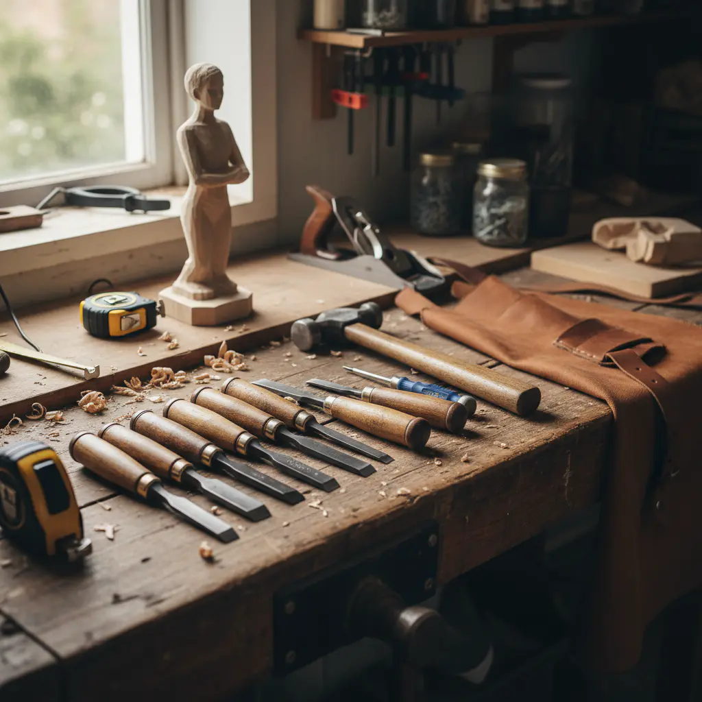 Hand tools on a workbench