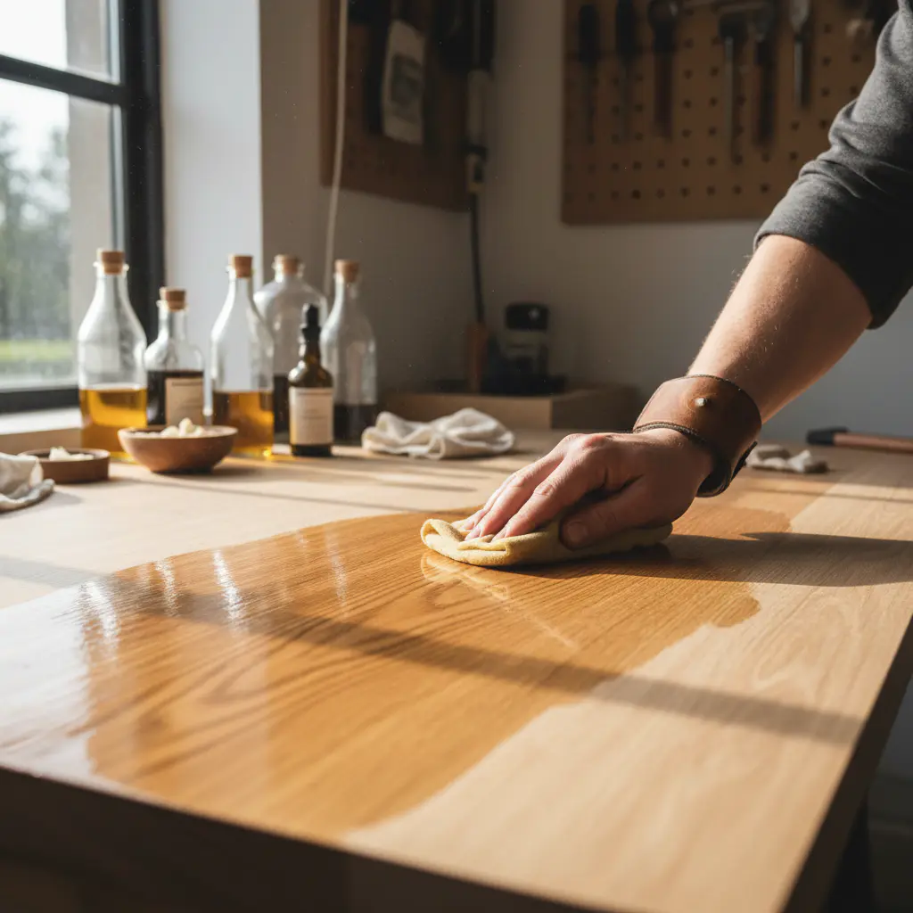Applying natural oil finish to table top